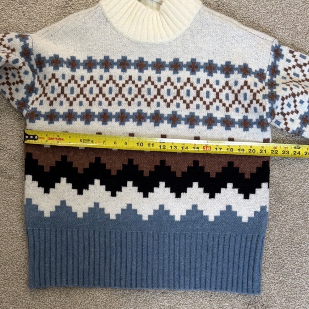 Joseph A Men Medium Fair Isle Mock Neck Geometric Sweater Blue Brown White - Picture 5 of 8